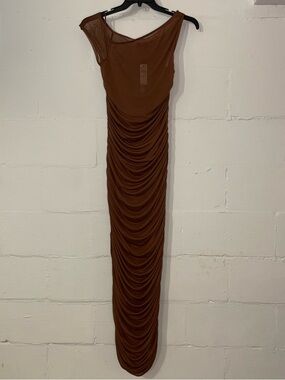 Anthropologie Brown Ruched Maxi Dress